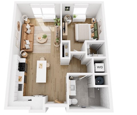 Floor plan for 1 bed, 1 bath, 725 sqft